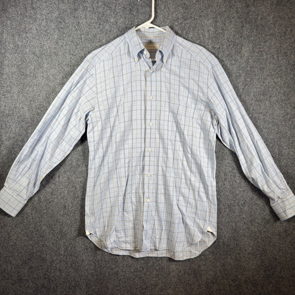 Ermenegildo Zegna Plaid Button Down Shirt Mens 39/15.5 Blue White Brown
